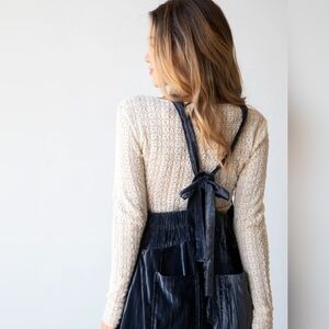 Velvet Tie-Back Overalls in Navy Blue